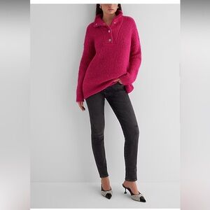 Express New Hot Pink Fuzzy Knit Mock Neck Embellished Snap Button Sweater